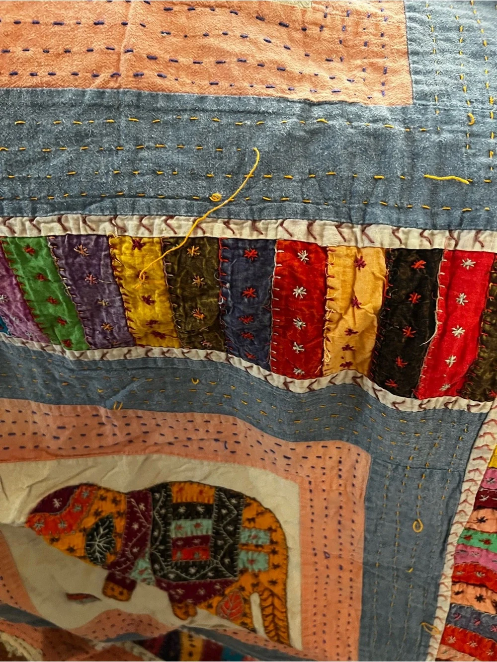 Handmade Multicolor Elephant Patchwork Quilt - Peach & Blue